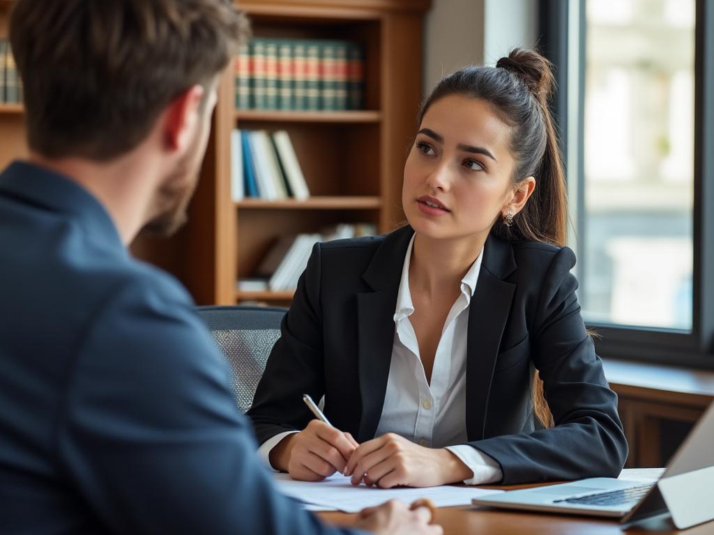 A lawyer and client discuss child custody options in a professional office, showcasing a serious yet supportive atmosphere.