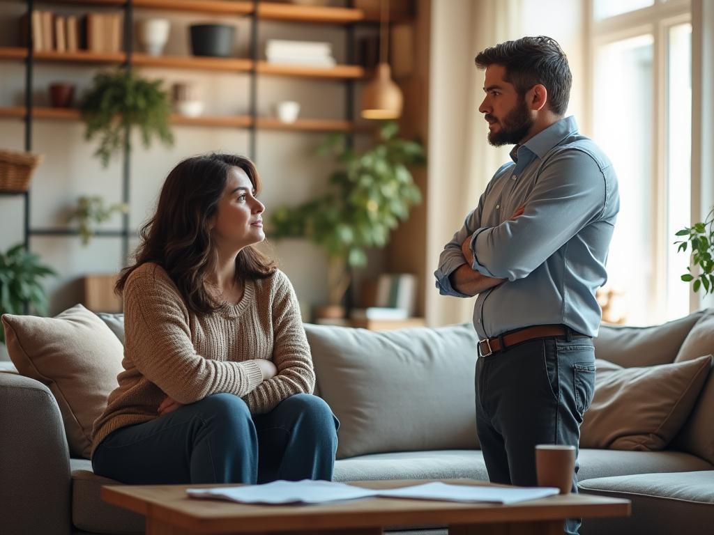 Co-parents engage in a serious discussion about child custody arrangements in a cozy living room setting.