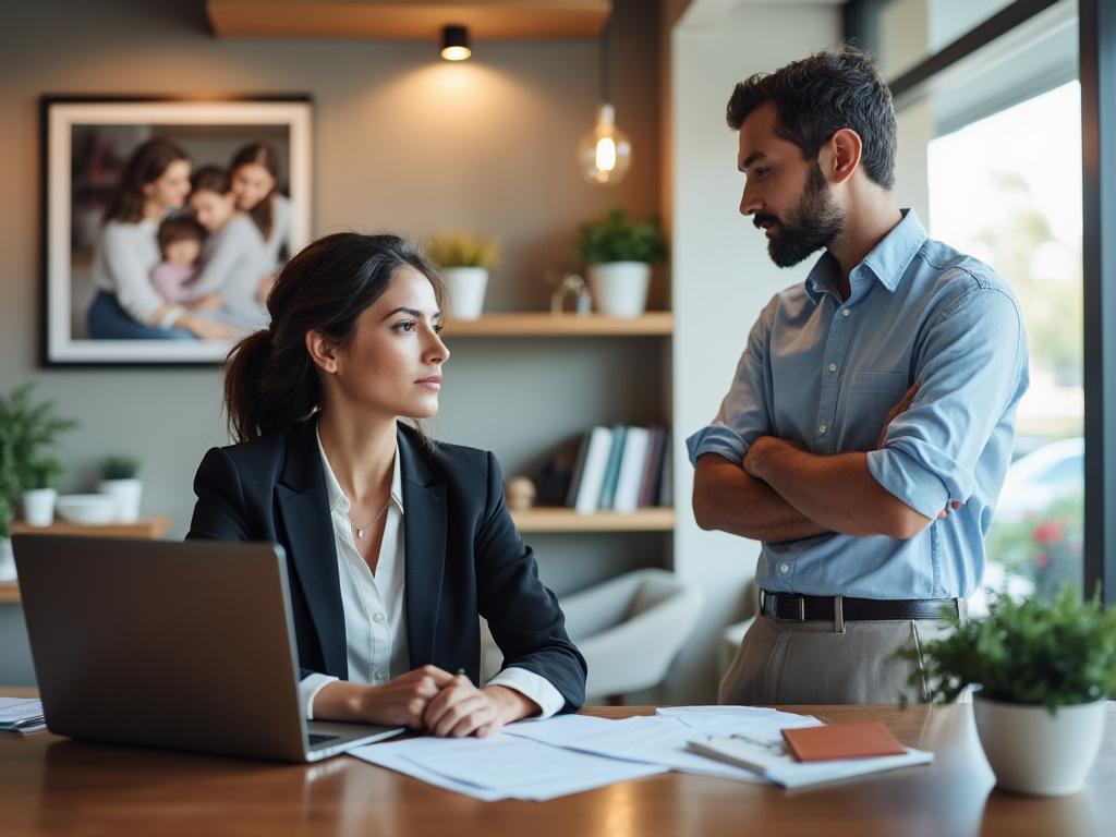 A lawyer advises a concerned parent about child custody in a calming, professional office setting.