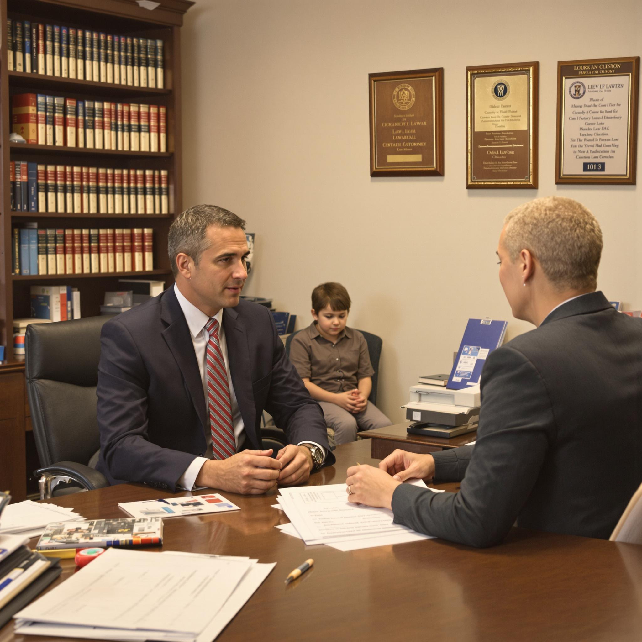 A concerned parent consults a family law attorney about child custody while their young child sits nearby in a law office.