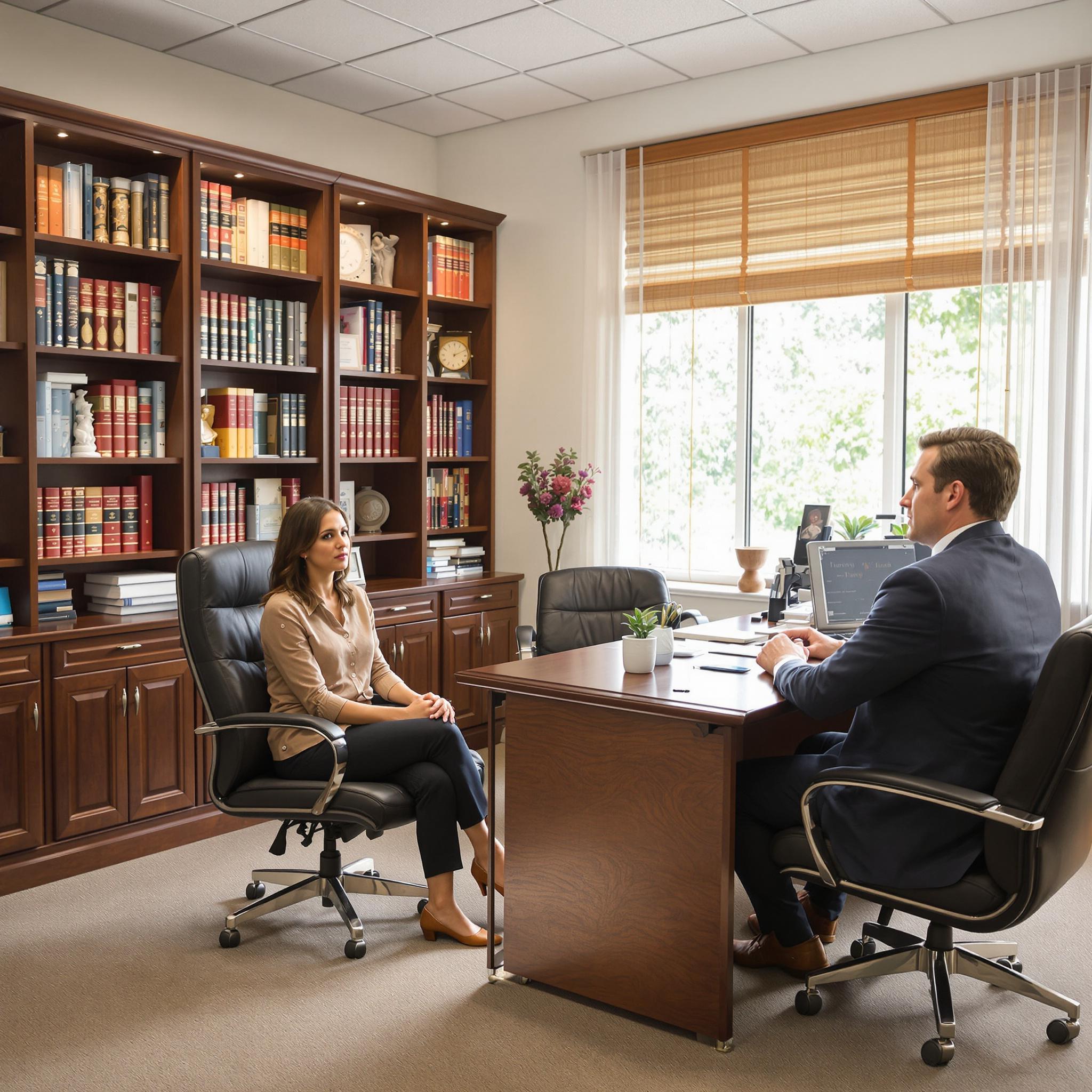 A concerned mother consults her family law attorney about child custody in a supportive office setting.