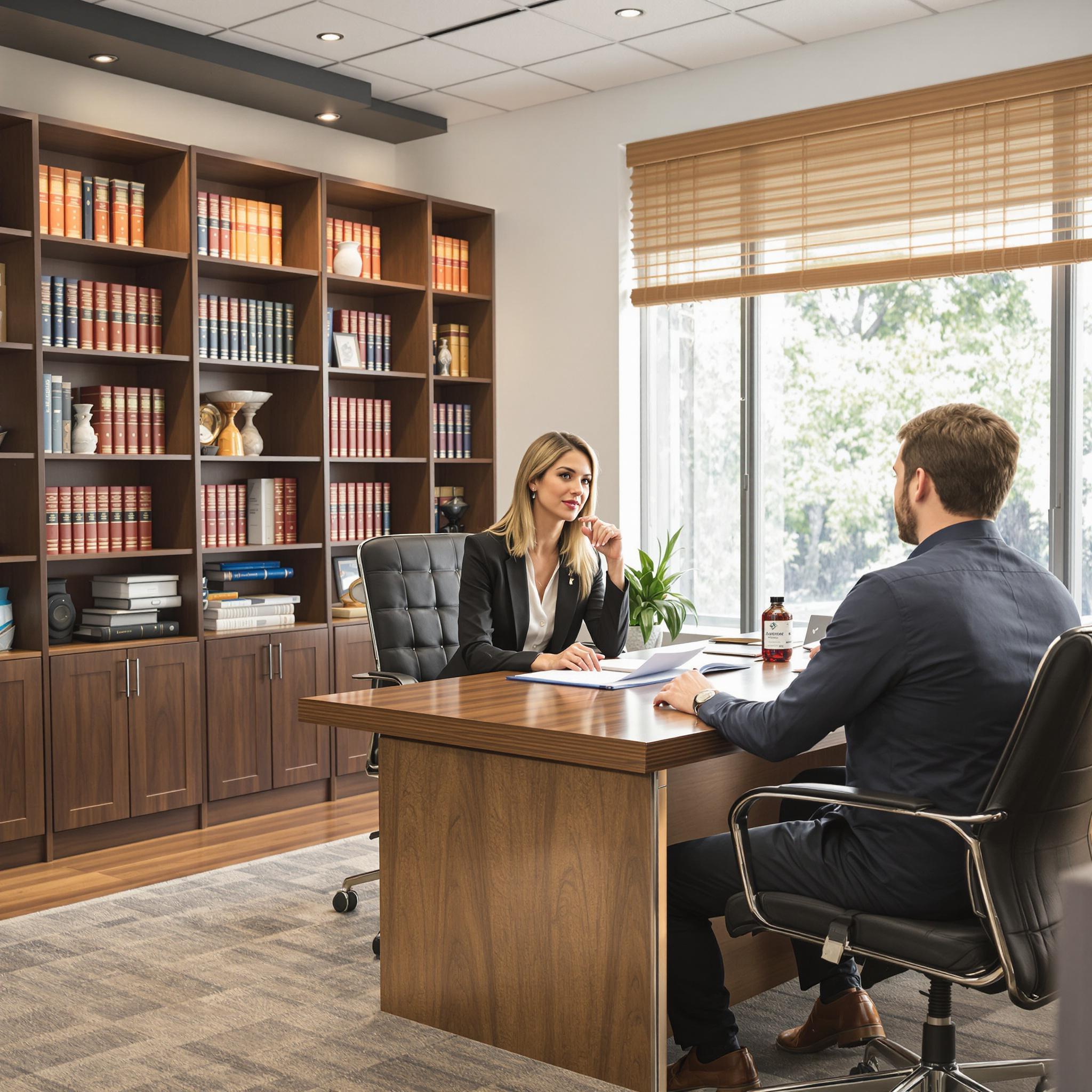 A divorce attorney discusses legal options with her client in a modern, well-lit office.