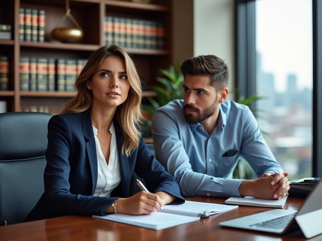 A divorce attorney consults with a client about financial matters in a modern office, conveying professionalism and seriousness.