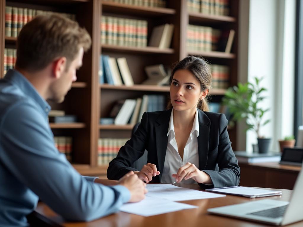 An attorney and her client discuss divorce proceedings at a law office, surrounded by legal books and paperwork.