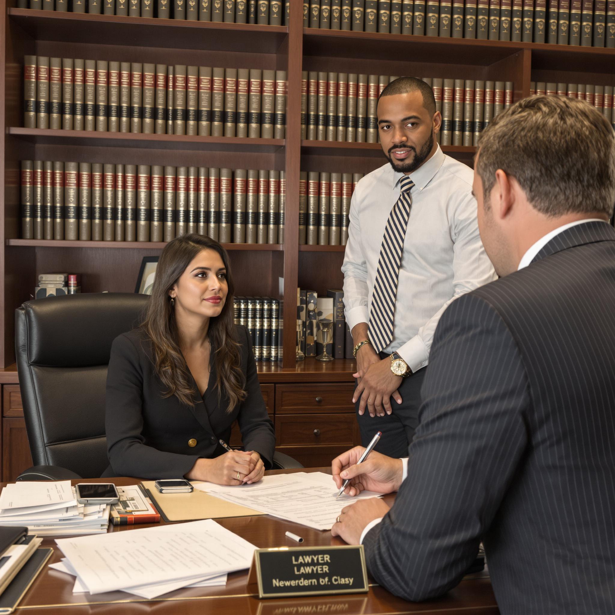 Female client and male lawyer engaged in a serious divorce consultation in a professional office setting.