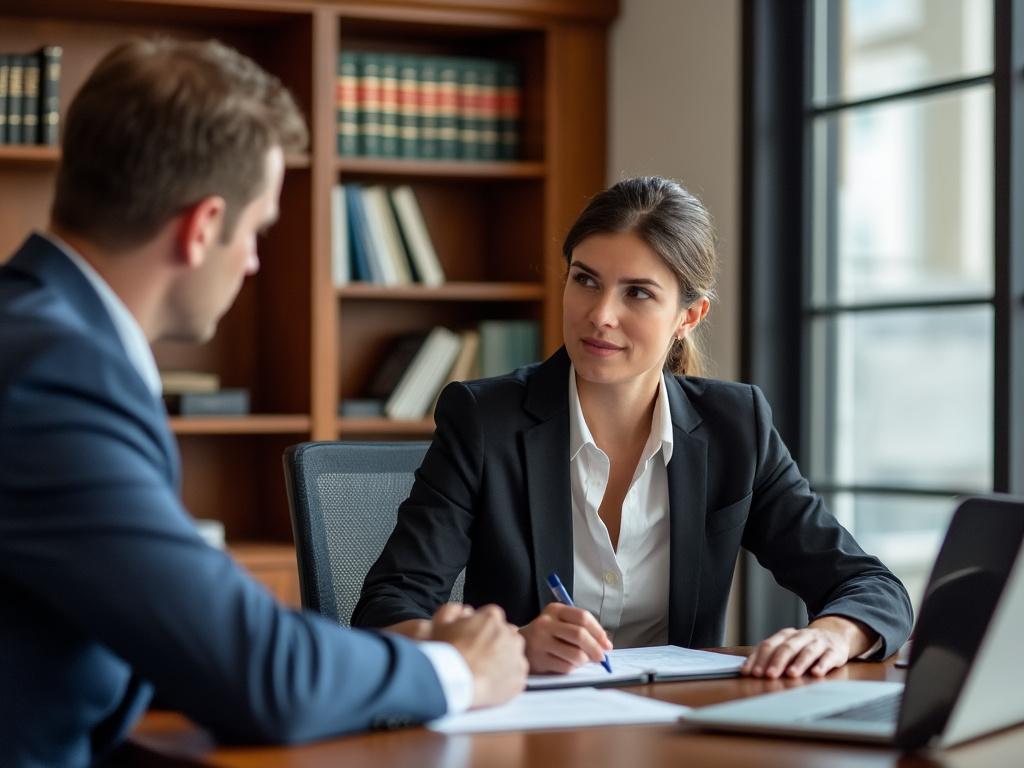 An attorney explains restricted stock units to a client in her office during a focused legal consultation.