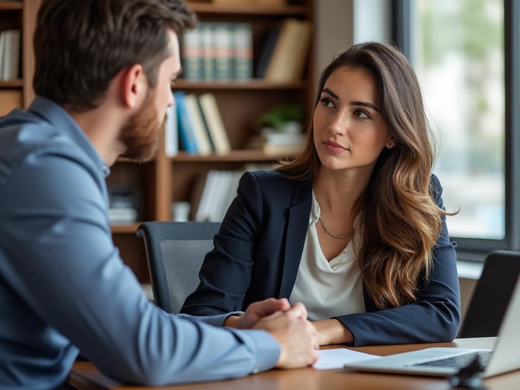 A father consults a female legal advisor about his rights in a professional office setting.