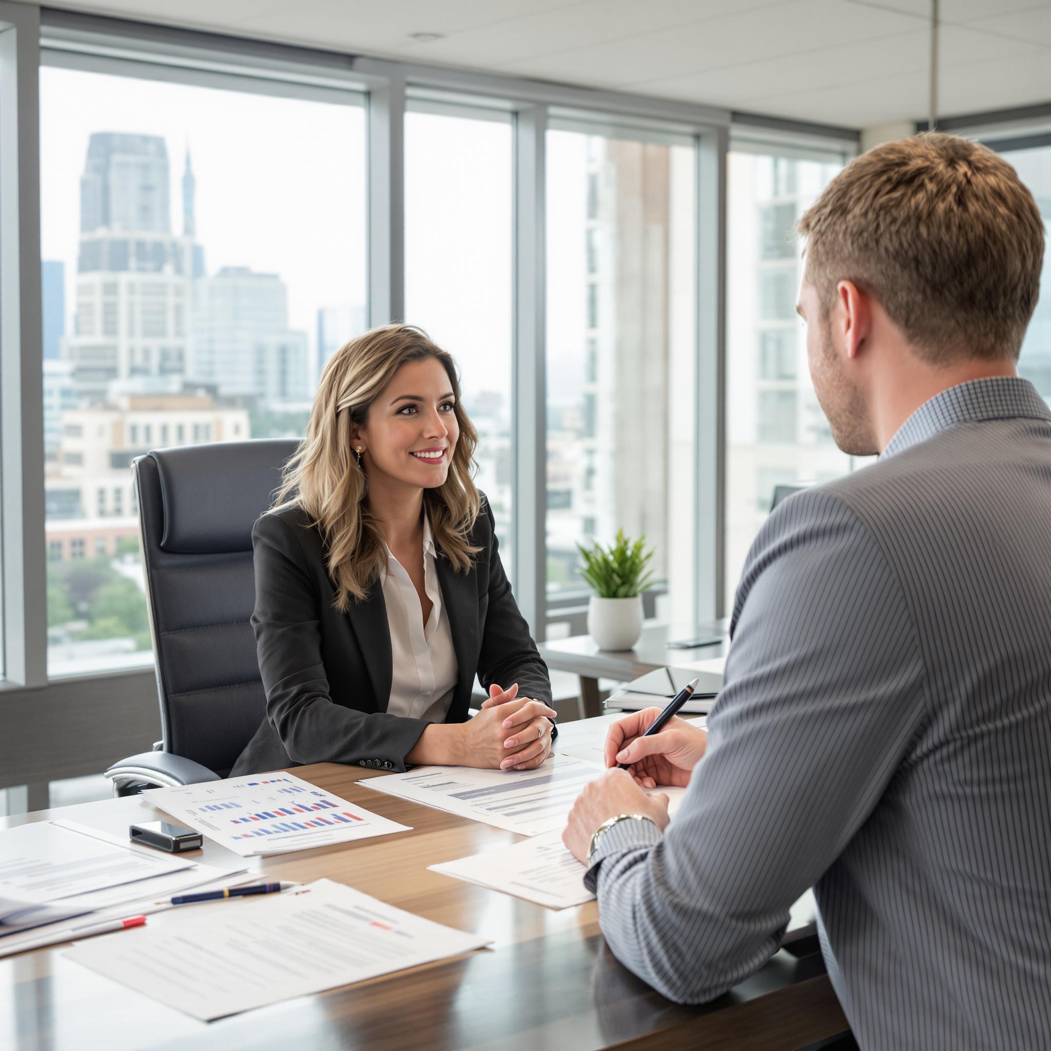 A financial advisor engages with her client in a bright, modern office, discussing financial strategies.