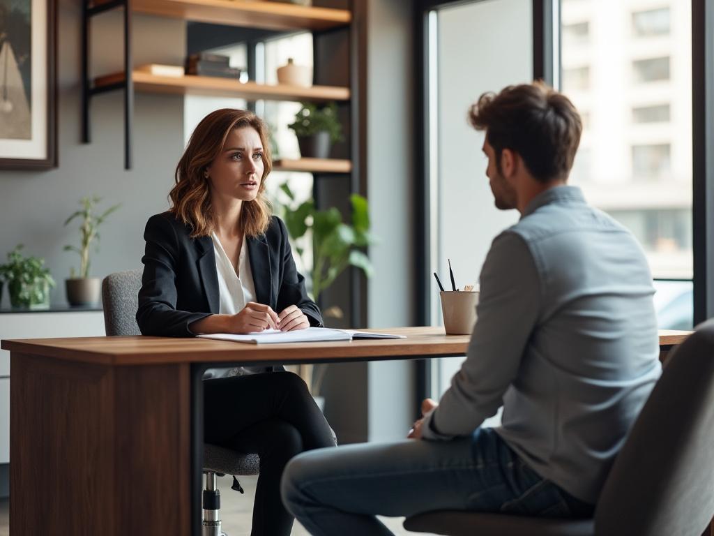 A family law attorney discusses legal matters with her concerned client in a modern office setting.