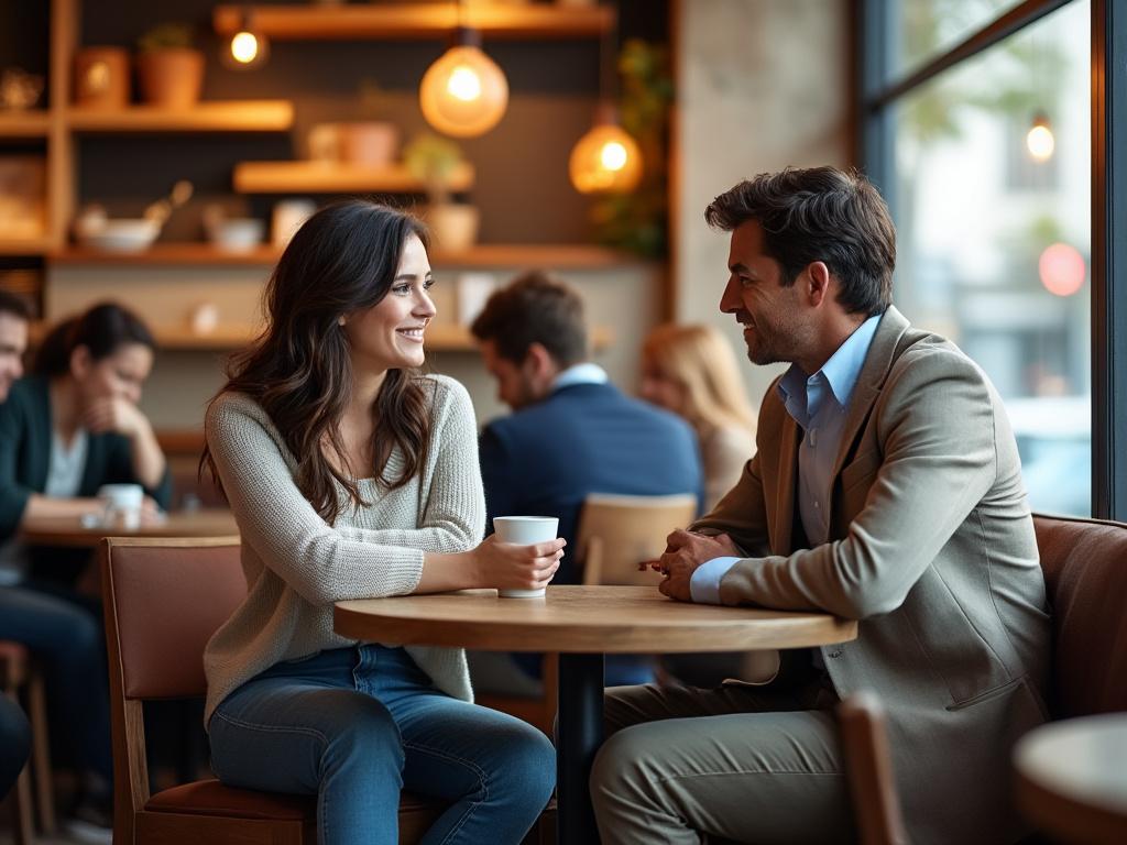 Couple engaged in a deep conversation about dating during divorce in a cozy coffee shop with warm lighting.