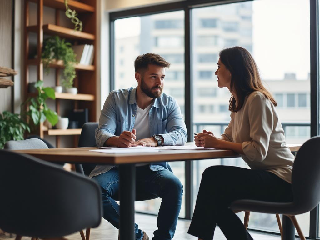 Male financial advisor and female client discuss post-divorce budgeting in a modern office setting.