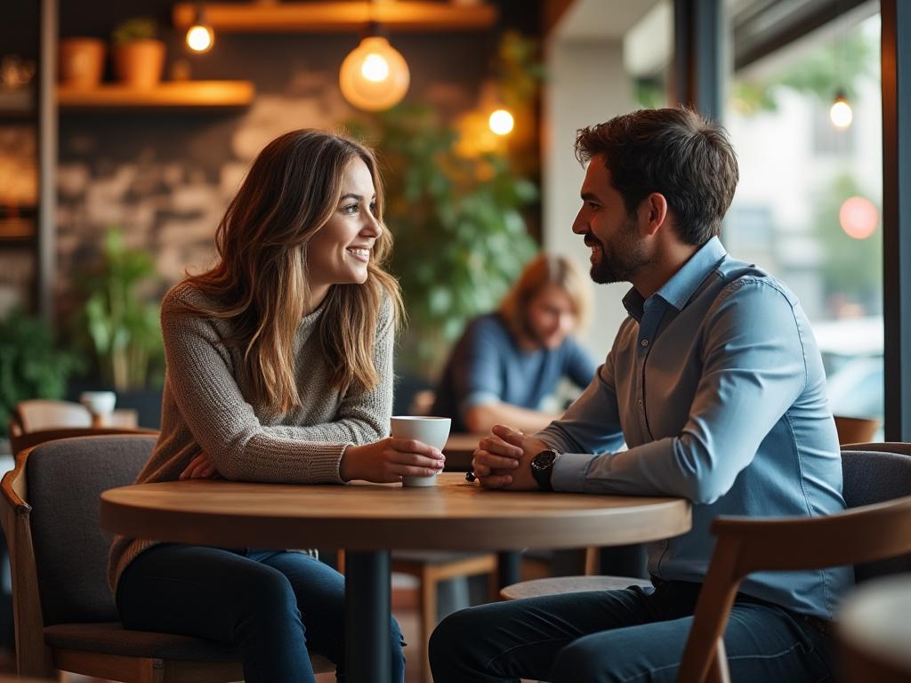 A newly dating couple shares an intimate conversation in a cozy café, surrounded by warm lighting and plants.