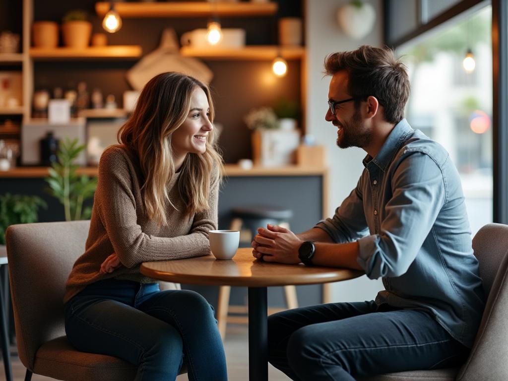 A couple in a cozy coffee shop shares an intimate conversation about their new relationship, surrounded by warm lighting.