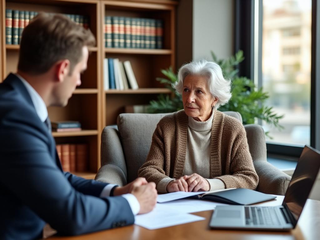 A grandmother seeks legal advice from her lawyer in a well-lit office filled with legal books and documents.