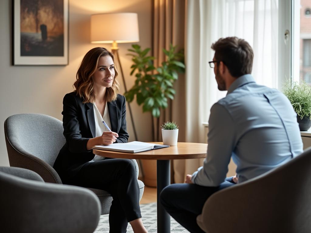 A mediator and client engage in a focused conversation in a calming mediation room.
