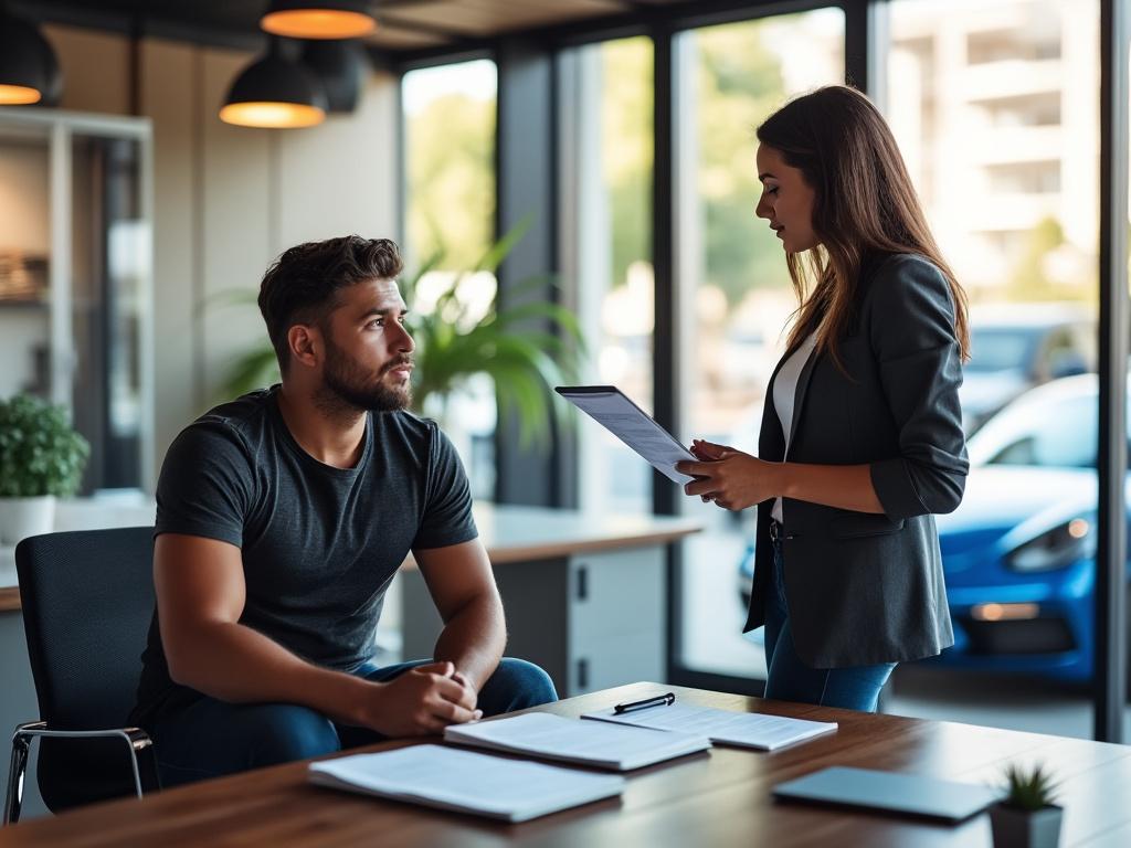 A male car enthusiast talks insurance with a female agent in a modern office, discussing sports car coverage options.