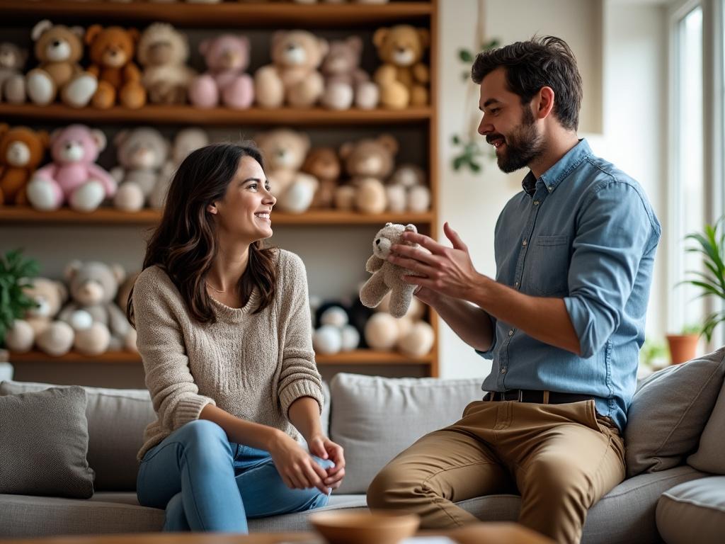 A woman and man animatedly discuss dividing Beanie Babies in a cozy living room filled with plush toys.