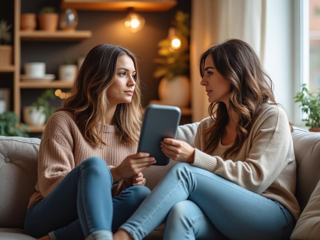 Two women share a warm moment of support in a cozy living room, reflecting on personal growth and friendship.