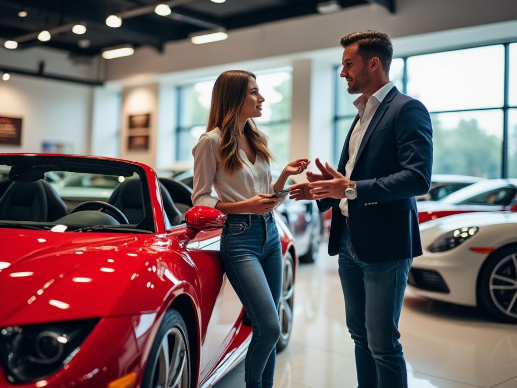 A woman in jeans discusses features of a red sports car with a salesperson in a modern dealership showroom.