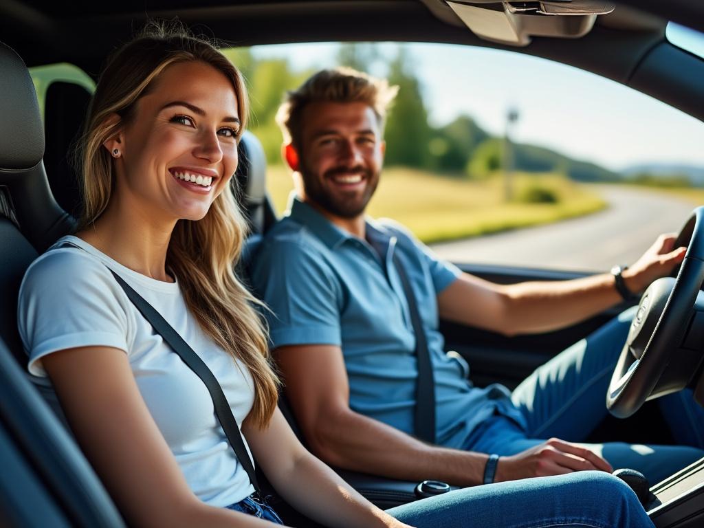 Excited friends in a sports car enjoying a scenic drive, engaging in lively conversation and laughter.