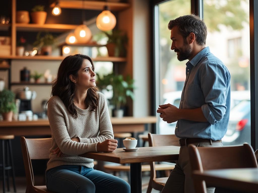 A woman and a man engage in a supportive conversation over coffee in a cozy coffee shop.