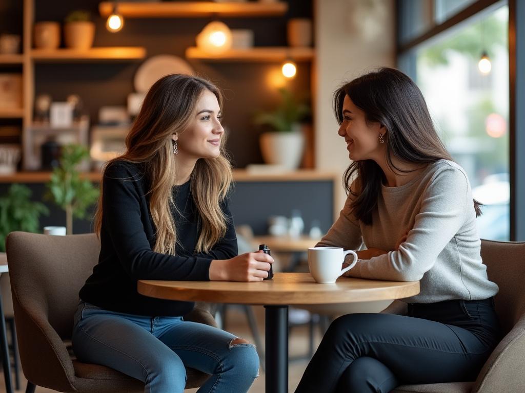 Two women engage in a supportive conversation about cosmetic surgery in a cozy coffee shop setting.