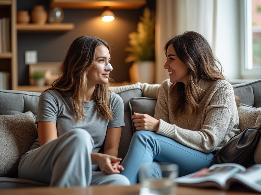 A recovering patient with a bandaged nose sits on a couch, engaged in conversation with a supportive friend.