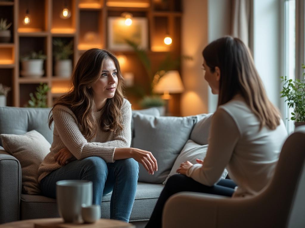 Two women in a cozy living room discuss personal choices, showing warmth and support in their expressions and posture.