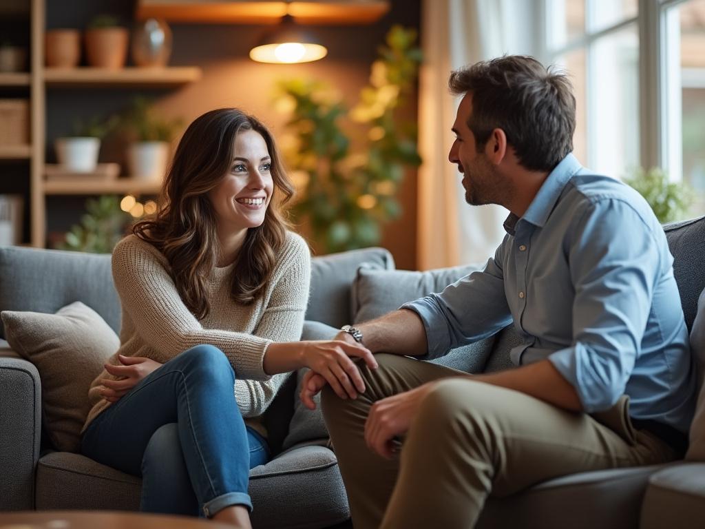 Two friends engage in a supportive conversation in a cozy living room, reflecting warmth and understanding.