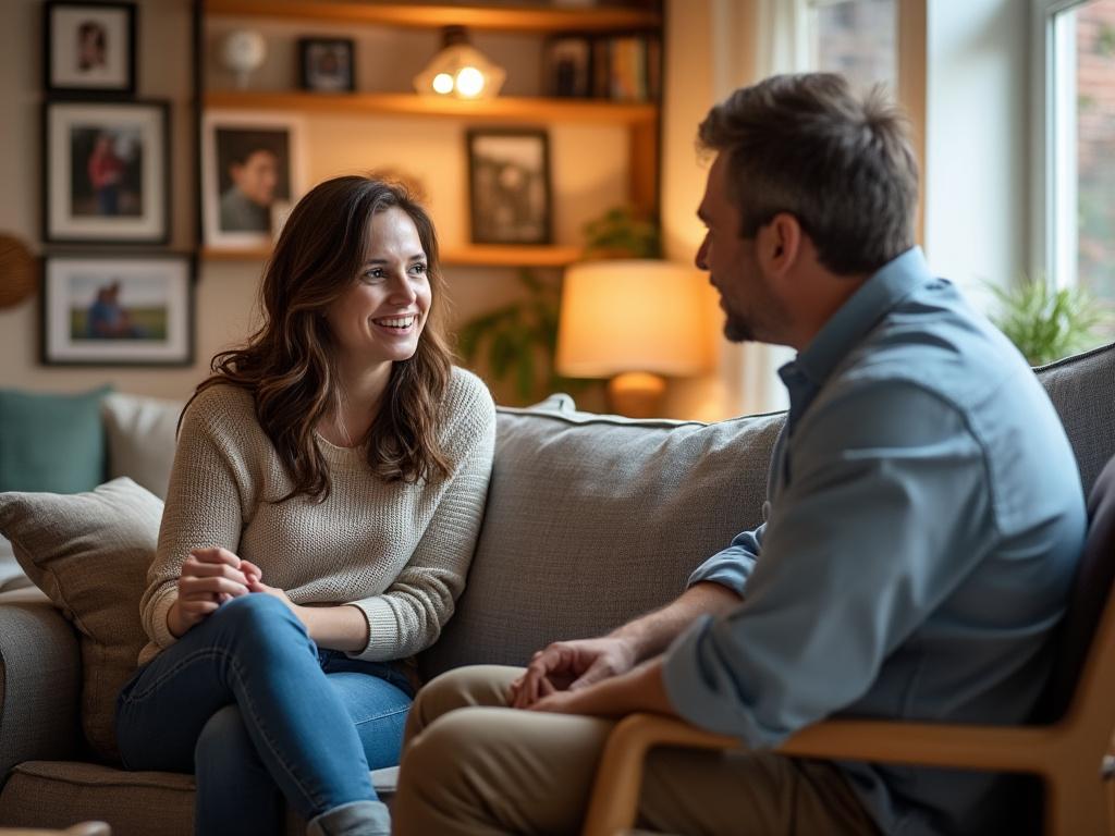 A mother and father have a supportive conversation about the emotional impacts of parental rights in a cozy living room.