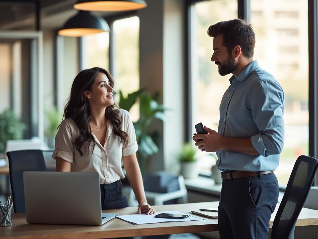 Two colleagues engage in a supportive discussion about career impacts in a bright, modern office setting.