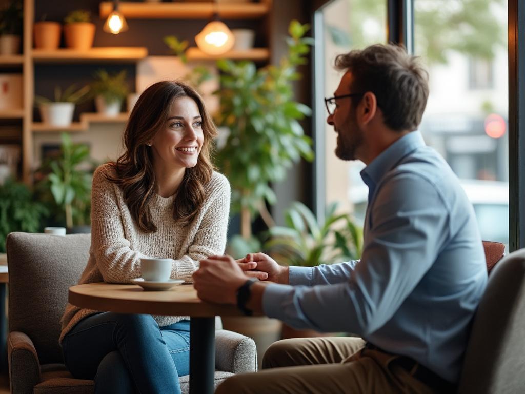 Two friends share a supportive conversation about career changes in a cozy café, fostering a warm atmosphere.