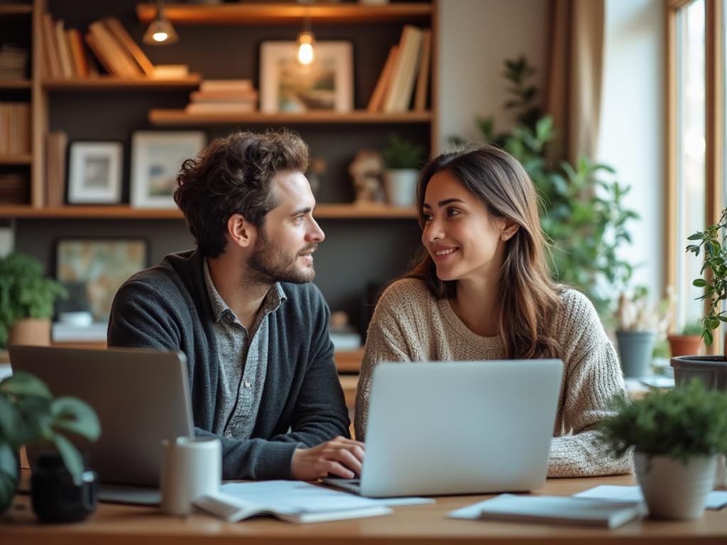 A woman reflects on career changes while her supportive friend offers advice in a cozy home office.