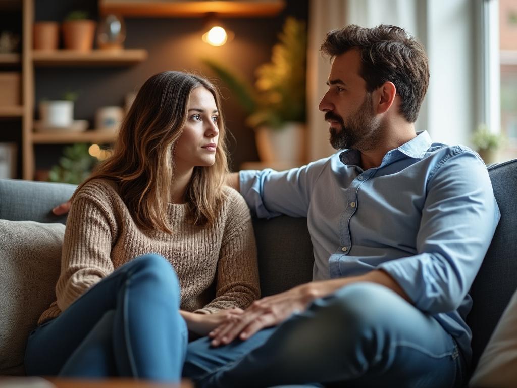 A mother and father discuss child custody in their cozy living room, reflecting concern and understanding.
