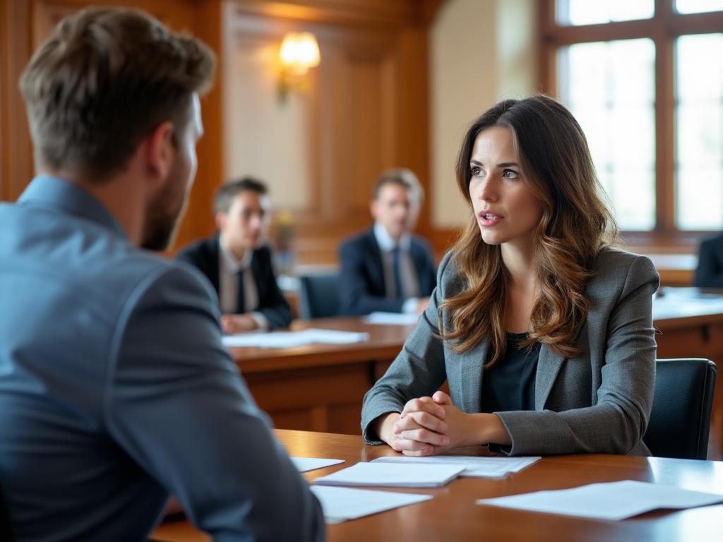 A father and mother discuss child support modifications in a courthouse conference room, documents spread between them.