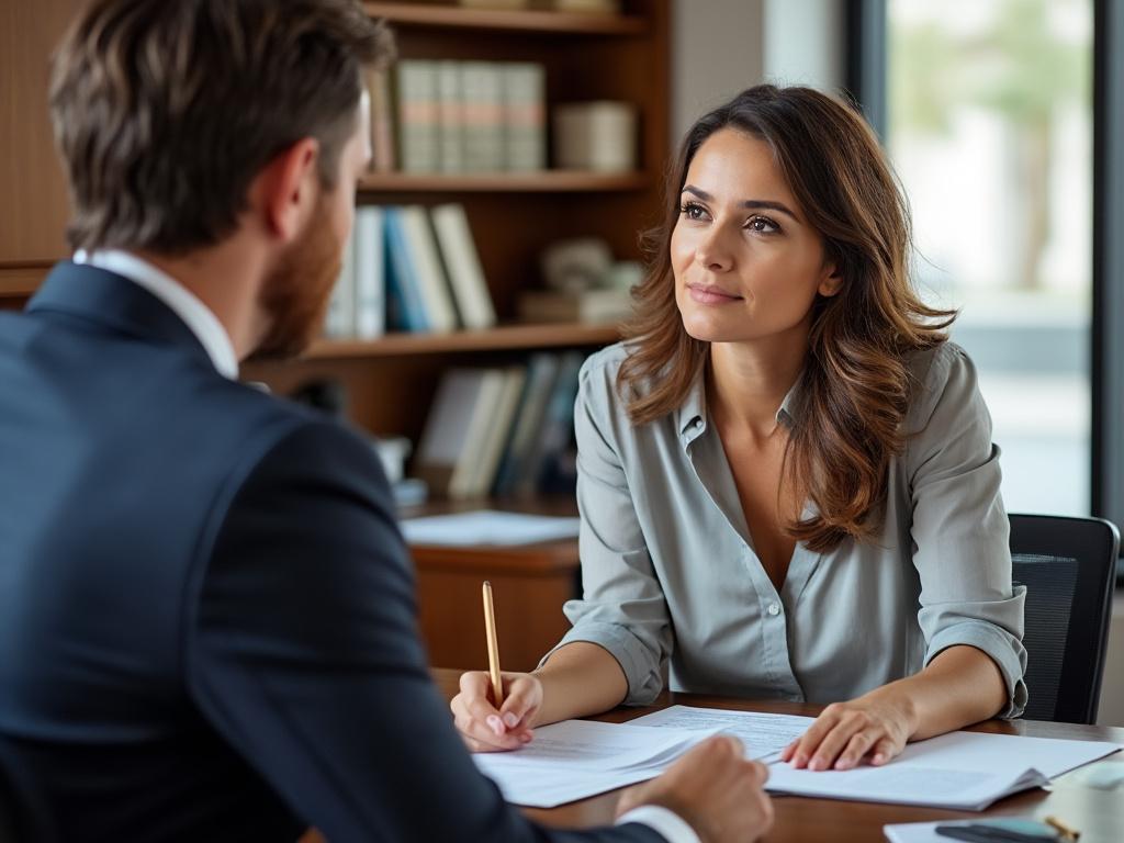 A lawyer advises a woman on cosmetic surgery implications during her divorce in a professional office setting.