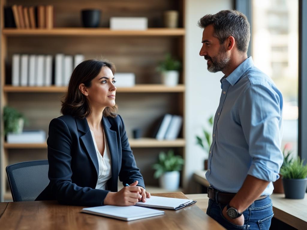 A lawyer consults a client about child custody in a modern office, emphasizing professionalism and support.