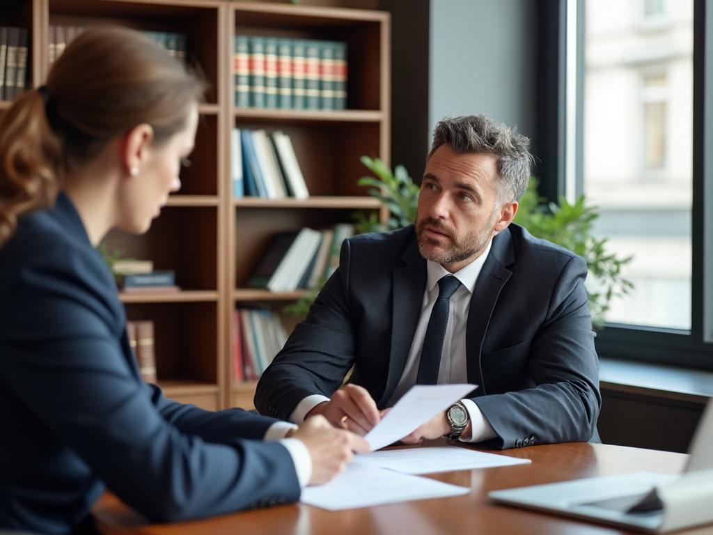 A parent consults an attorney about child support in a modern lawyer's office, engaged in a serious discussion.