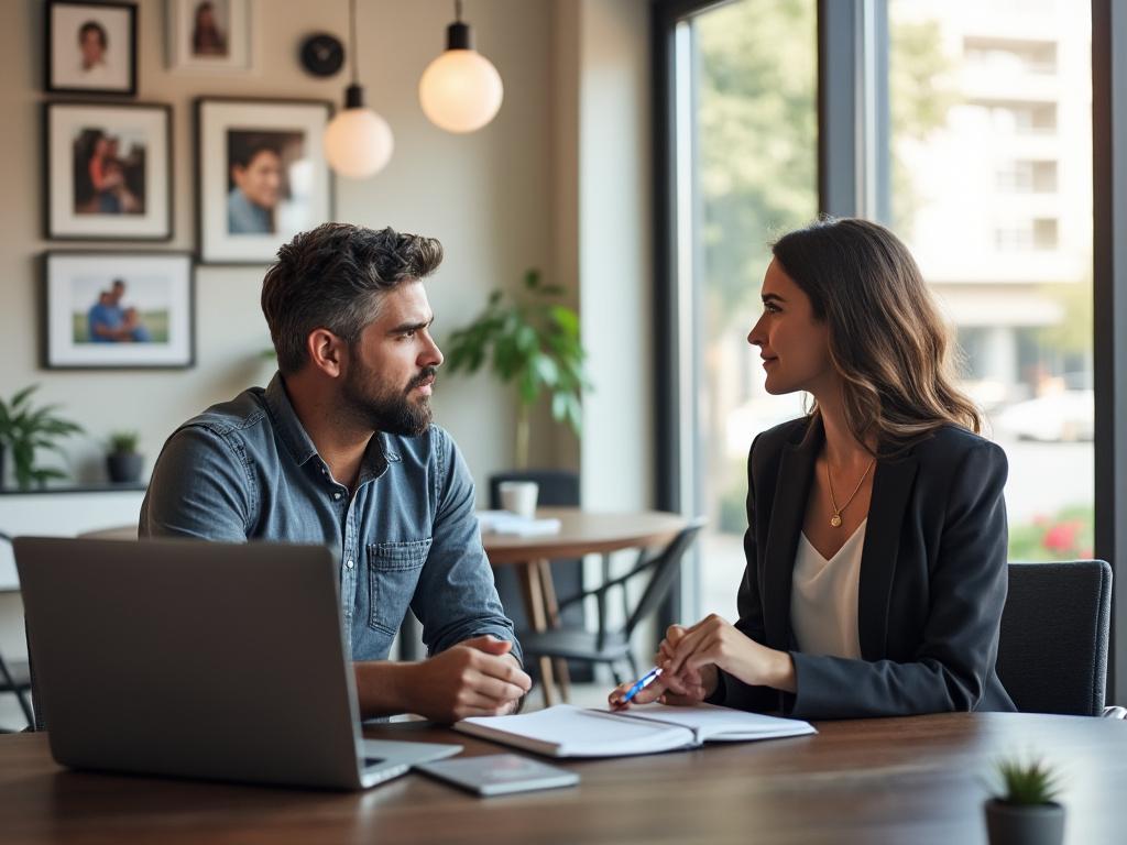 A father and mother engage in a serious discussion about child custody arrangements in a bright office setting.