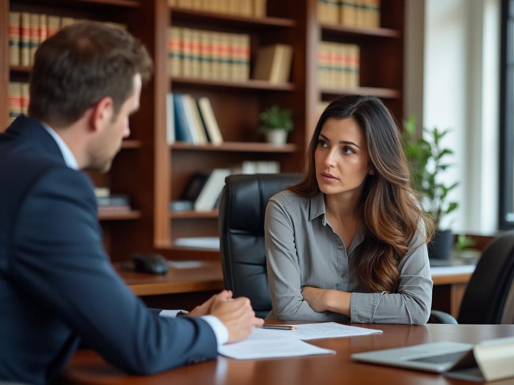 A concerned parent consults with a family law attorney about child custody in a warm, professional office setting.