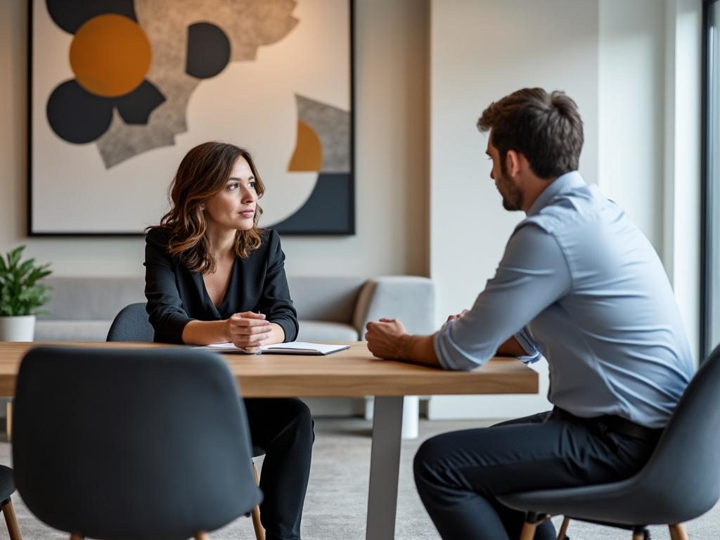 Two co-parents engage in a serious discussion about child custody in a modern law office conference room.