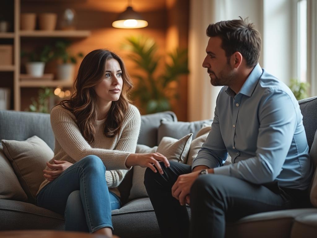 A mother and father have a serious discussion about parental rights in their cozy living room, showing concern and support.