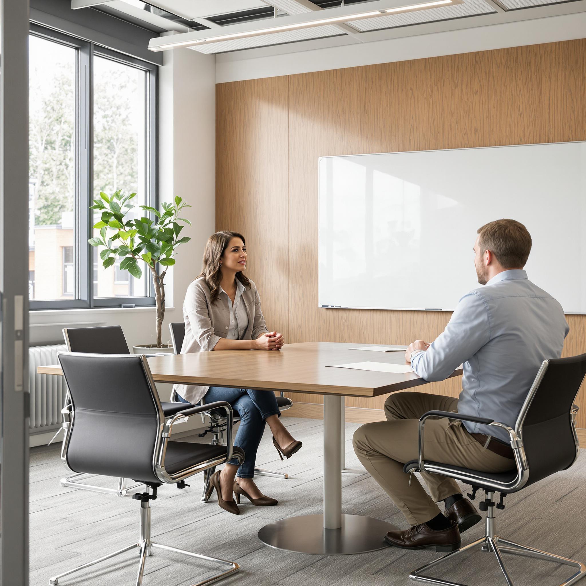 Two colleagues engage in a focused discussion about the divorce process in a bright modern conference room.