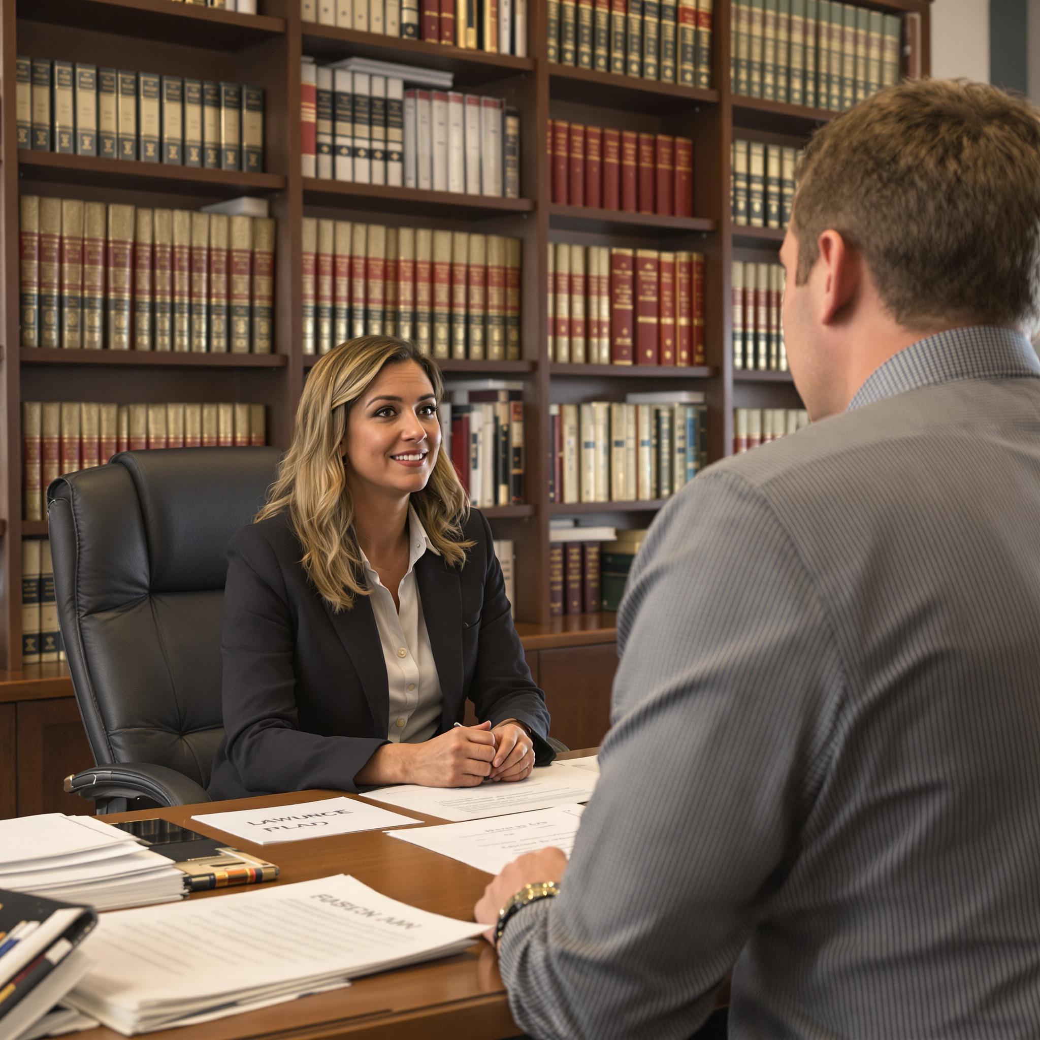 A female lawyer consults a male client about divorce in a professional, inviting office setting.