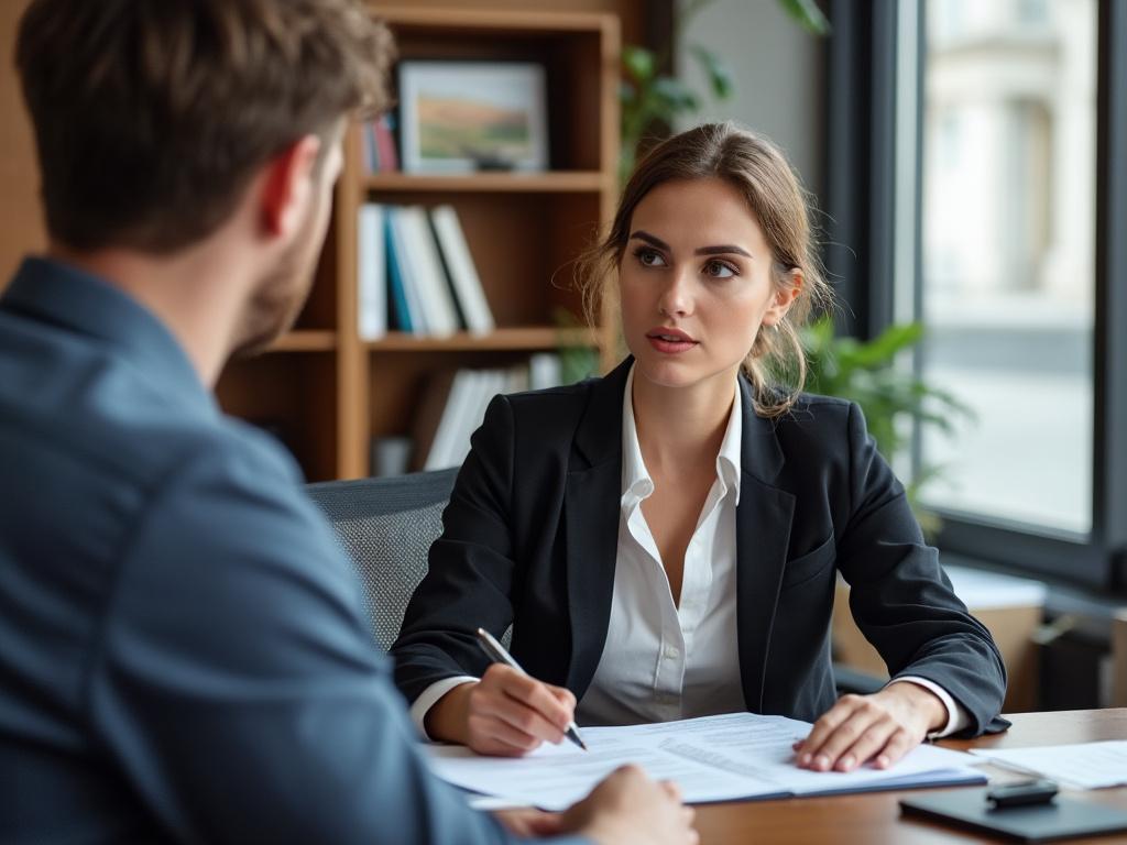 A family lawyer provides legal guidance to a client about restricted stock units during divorce in her office.