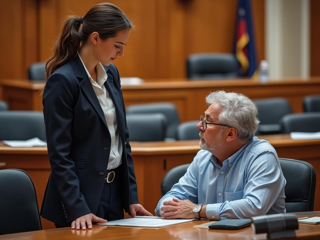 A grandparent discusses a case with a family law attorney in a tense court hearing room.