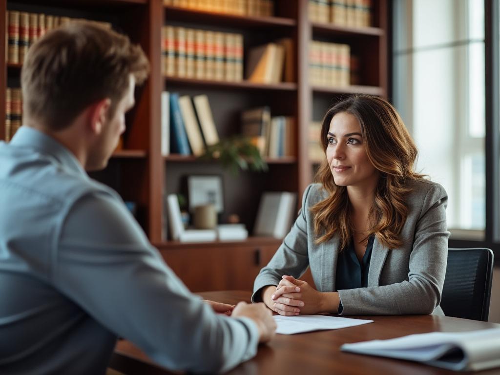 A father discusses child custody rights with a lawyer in a professional office setting.