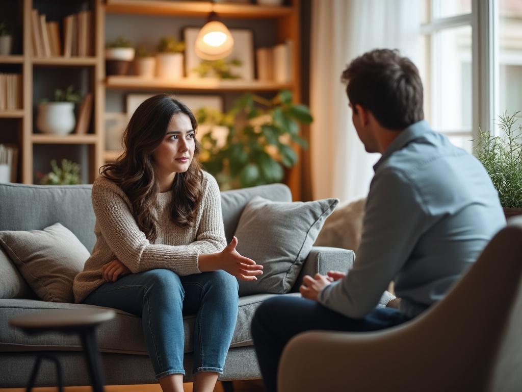 A mother and father discuss child support in a cozy living room, emphasizing financial responsibilities.
