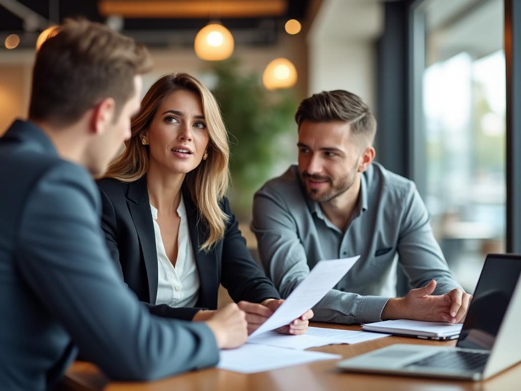 Financial advisor and client discuss divorce finances in a modern office, emphasizing a serious yet supportive atmosphere.