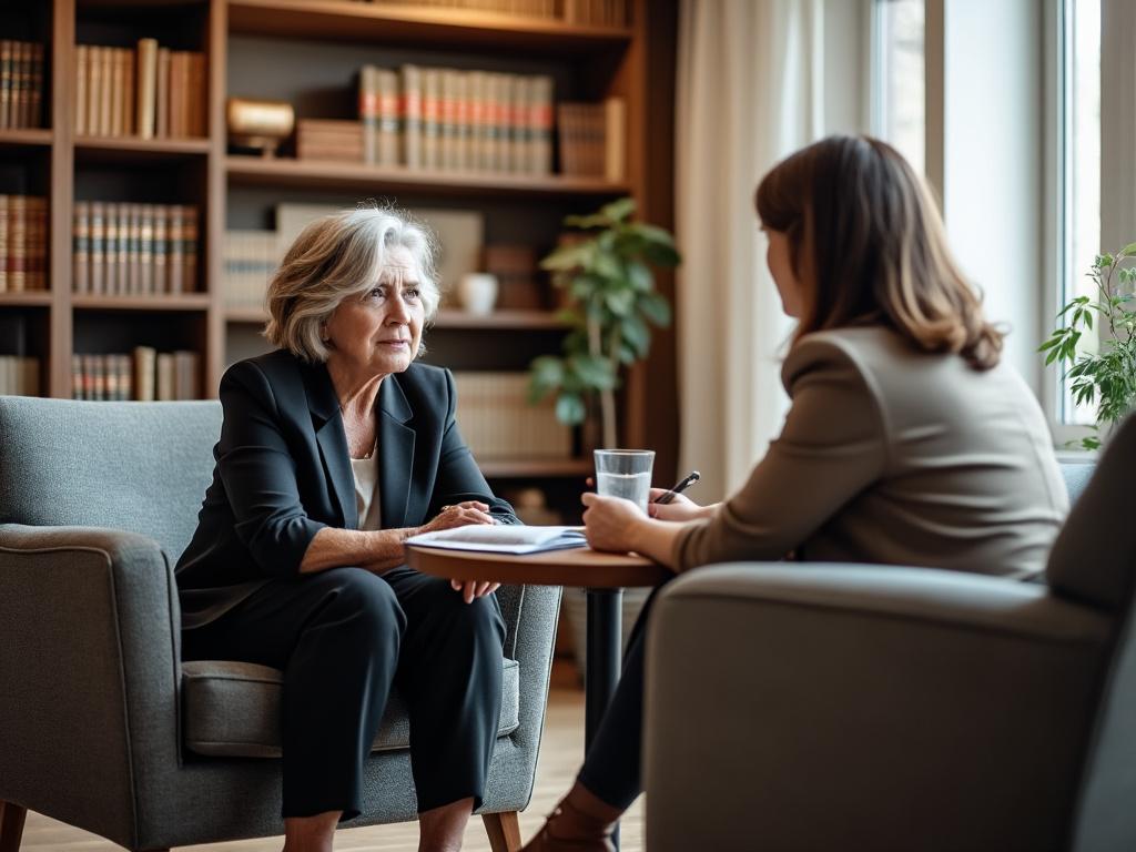 A grandparent seeks legal advice from a female advisor in a cozy office setting.